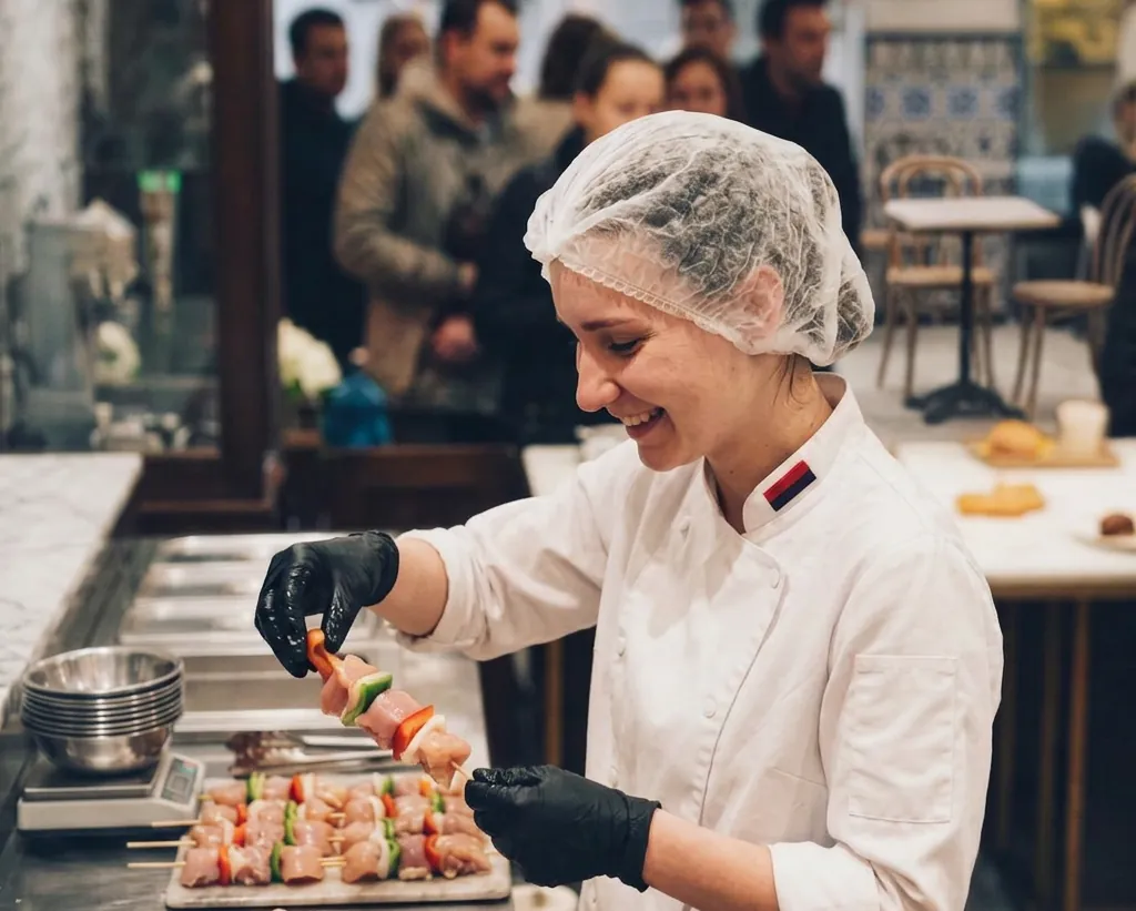 A kitchen worker in a hairnet assembling food skewers at a prep counter