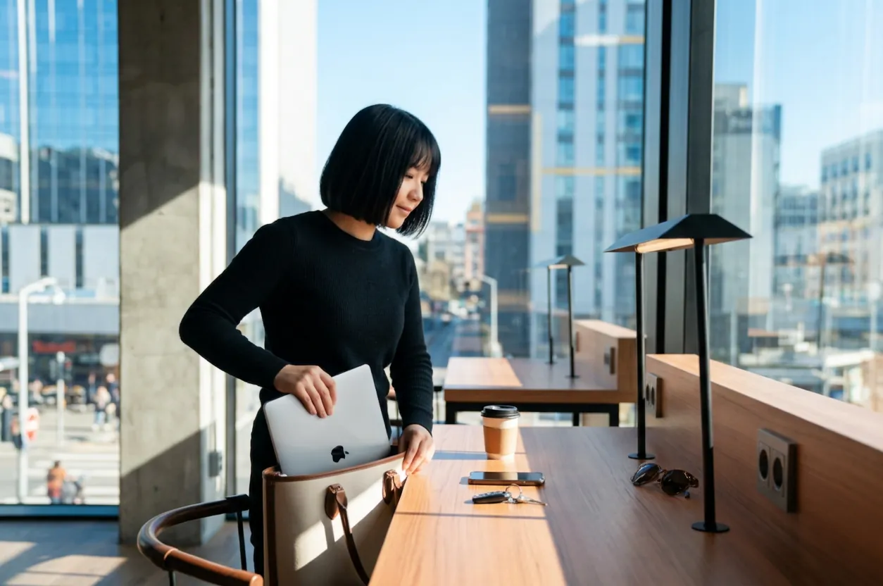 A corporate employee packing a laptop by a bright office window overlooking the city