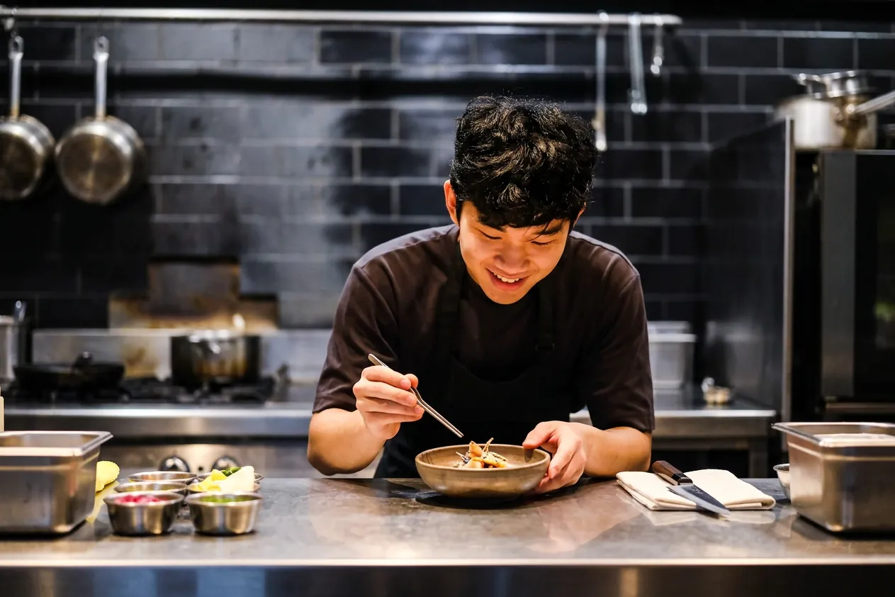 A sushi chef plating a fresh dish at a prep counter