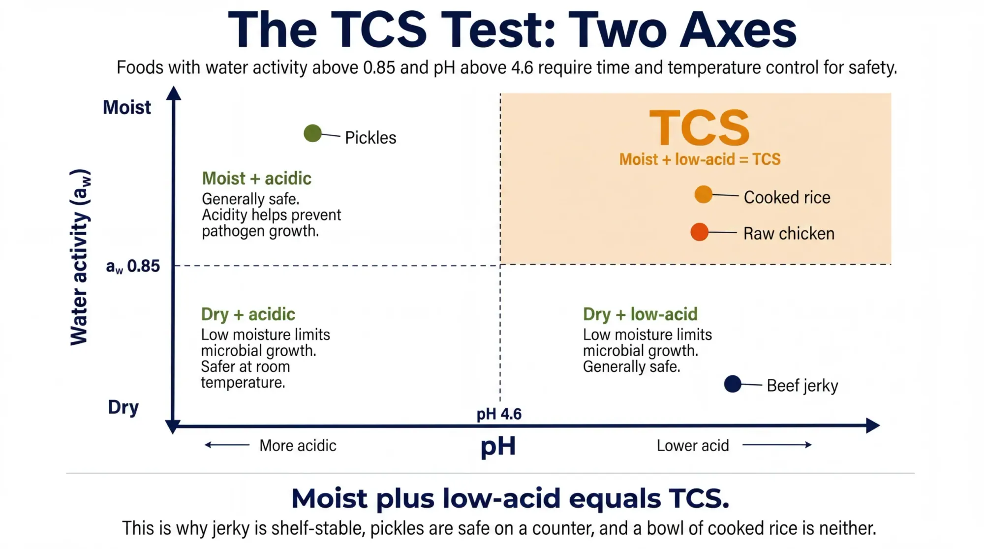 Chart showing that foods with water activity above 0.85 and pH above 4.6 require time and temperature control for safety. Moist plus low-acid equals TCS. This is why jerky is shelf-stable, pickles are safe on a counter, and a bowl of cooked rice is neither.