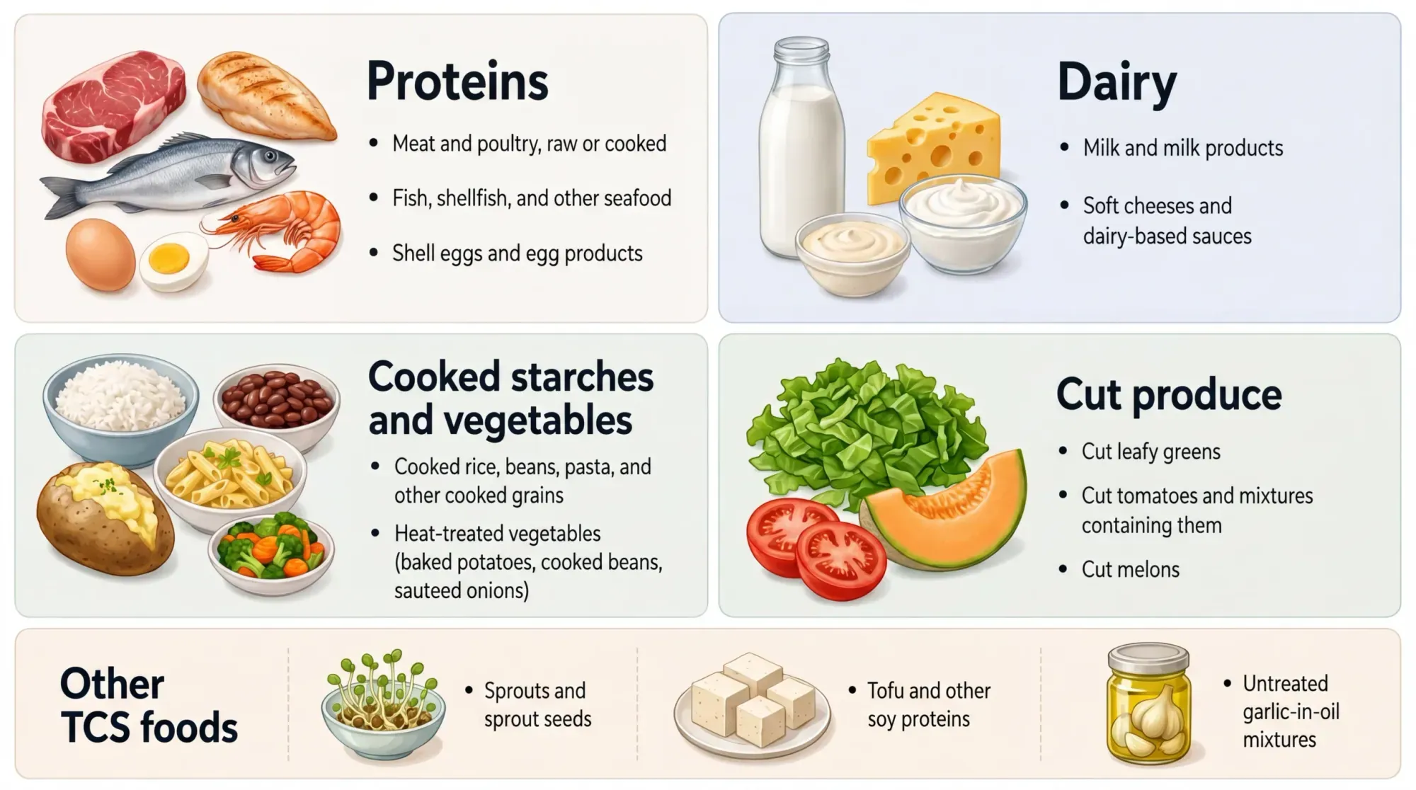 The complete list of TCS foods grouped by category: proteins, dairy, cooked starches and vegetables, and cut produce. If it is moist, low-acid, and nutritious, it belongs under temperature control.