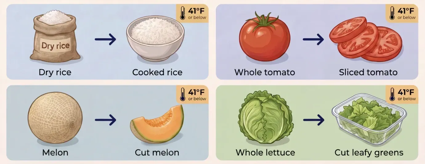 Examples of foods that become TCS foods after cooking or cutting: cooked rice, sliced tomatoes, cut cantaloupe, and cut leafy greens must be held at 41°F or below.