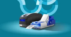 Two Transact Epic TT+ TITO thermal ticket printers shown side-by-side against a blue graphic background.