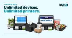 BOHA! wireless printing: a BOHA! WorkStation, an Ithaca 9000 printer and a BOHA! Terminal 2 surrounded by labeled food, including prepped limes, a grab-and-go salad and a to-go order, under the headline “Unlimited devices. Unlimited printers.”