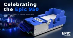 Banner graphic celebrating TransAct’s Epic 950 TITO printer legacy, featuring production and final shipment imagery.