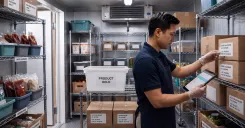 A food service operator using a tablet to manage inventory next to a bin labeled PRODUCT HOLD in a commercial storage room.