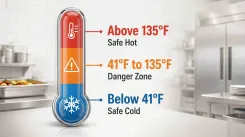 Thermometer graphic showing food temperatures above 135°F as safe hot, 41°F to 135°F as the danger zone, and below 41°F as safe cold.
