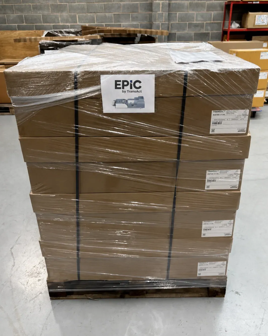 The final Epic 950 shipment prepared at TransAct’s Doncaster, UK facility all boxed and wrapped up on a pallet awaiting pick up.